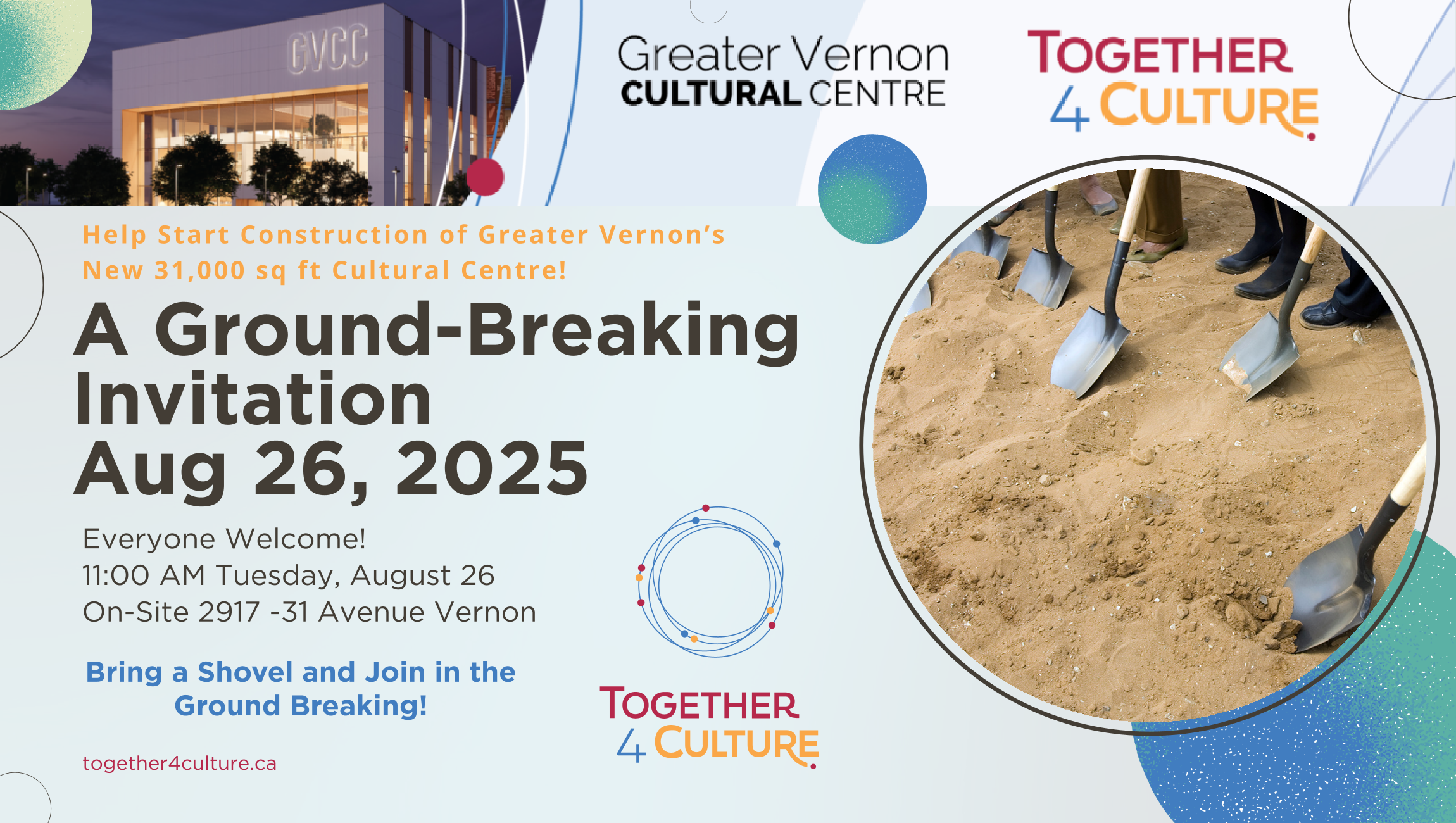 graphic of shovels in ground breaking ceremony with event details in text